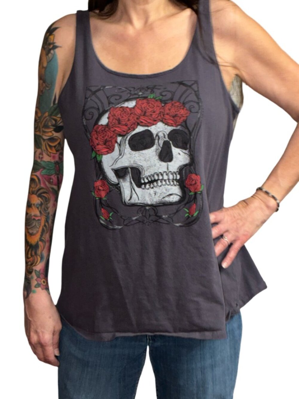 Sz.2X*Torrid*Dark Gray Tank Top W/ Skull & Red Roses